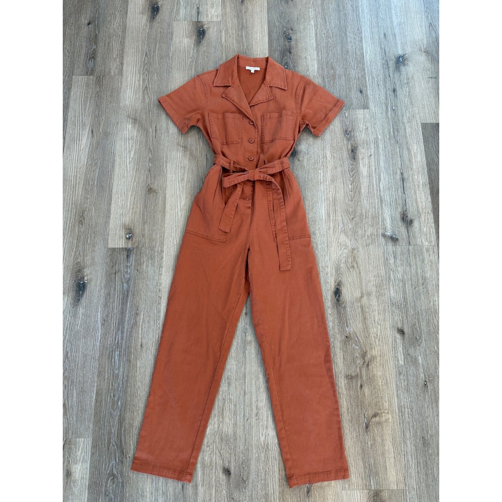 Skies are Blue Jumpsuit Womens XS Rust Orange Utility Boiler Suit Cotton Stretch